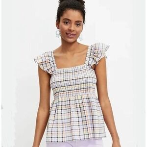 LOFT Petites Rainbow Plaid Smocked Flutter Sleeve Peplum Top LP Square Neck